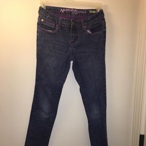 Purple accent blue skinny jeans